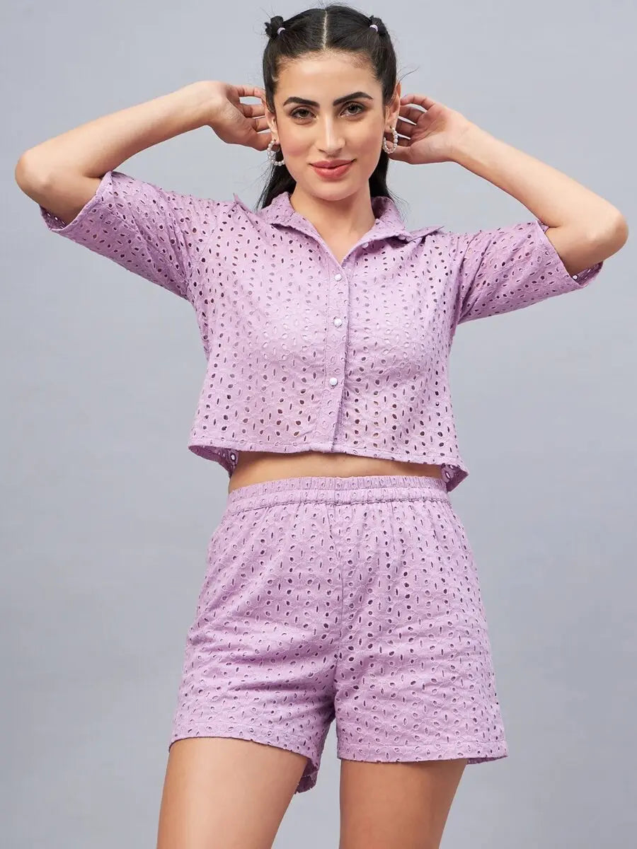 winered-woman-schiffli-shirt-shorts-co-ord-set
