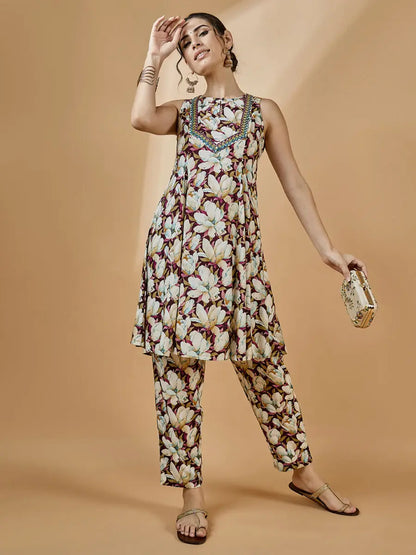 winered-women-godet-tunic-co-ord-set