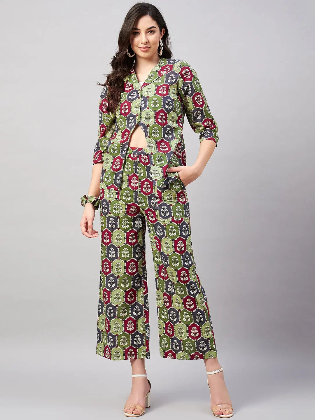 winered-woman-co-ord-sets-ethnic-for-women-waist-cut-out-co-ord-set-with-scrunchies