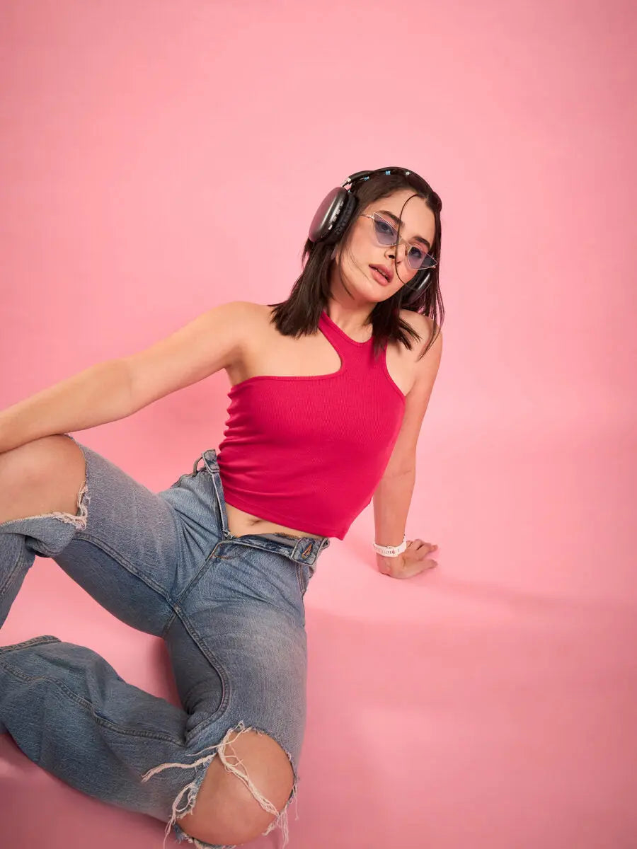 pink-asymmetric-neckline-crop-top