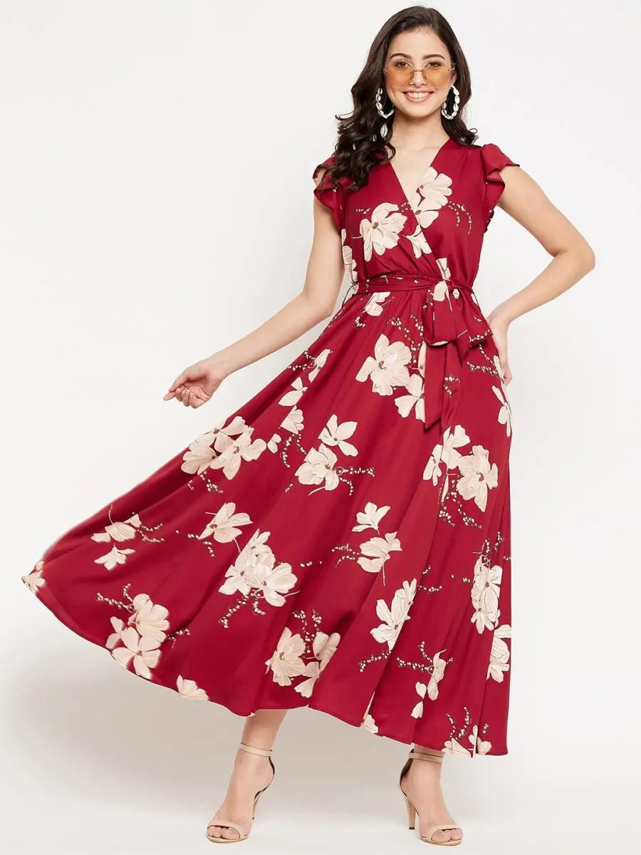 winered-indo-western-style-for-girls-maroon-floral-printed-butterfly-sleeve-belted-dress