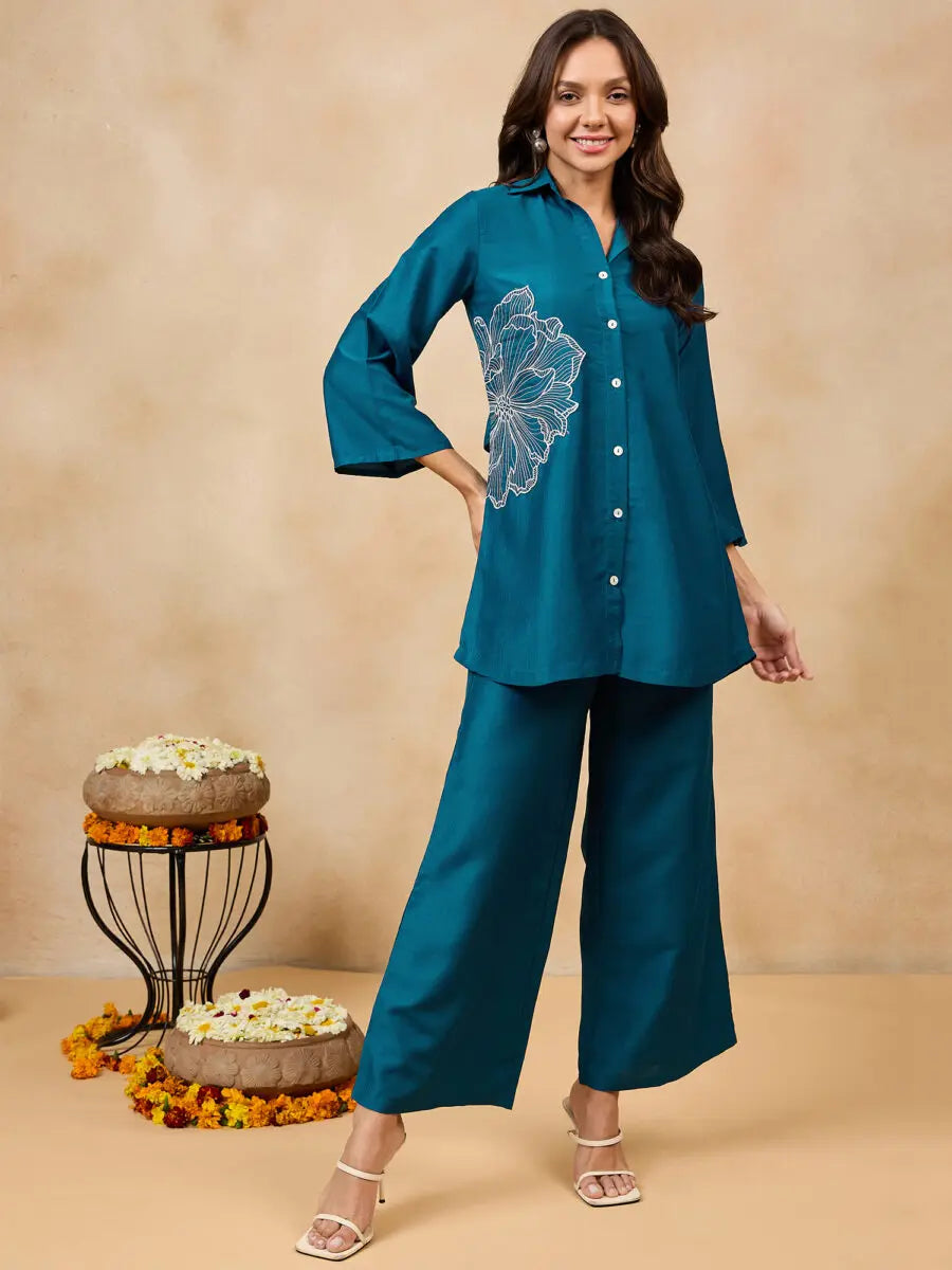 winered-woman-solid-blue-flower-embroidery-co-ord-set
