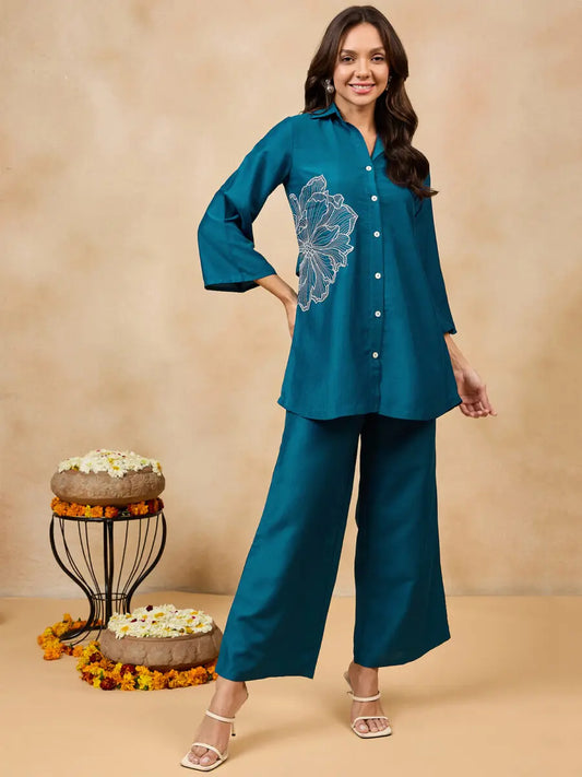 winered-woman-solid-blue-flower-embroidery-co-ord-set