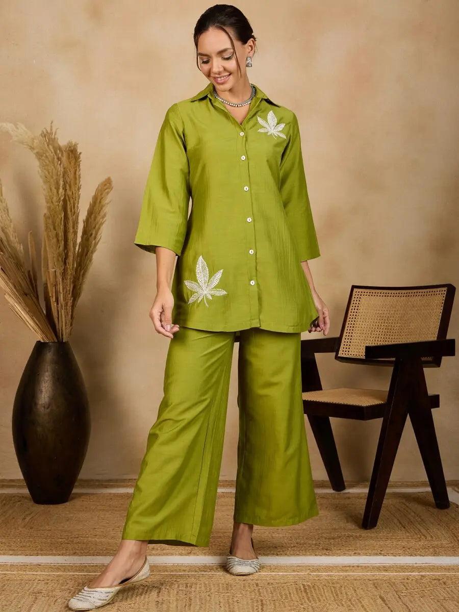 winered-woman-solid-green-leaf-embroidery-co-ord-set
