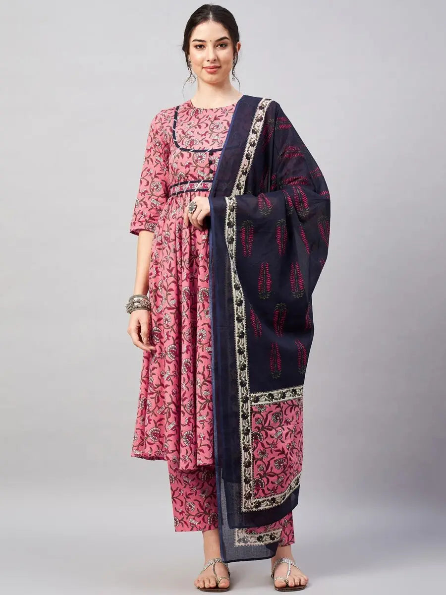 winered-woman-pink-floral-print-with-contrast-belt-flared-kurta-dupatta-set