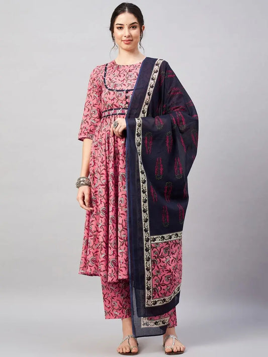 winered-woman-pink-floral-print-with-contrast-belt-flared-kurta-dupatta-set