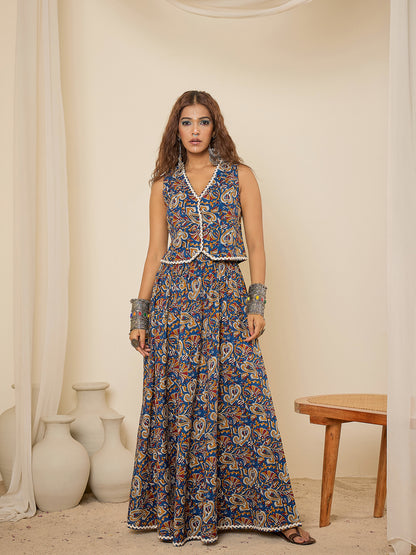 women-blue-cotton-lace-detailing-waistcoat-with-skirt-co-ord-set