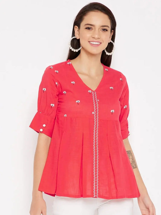 winered-red-a-line-cotton-embroidered-top