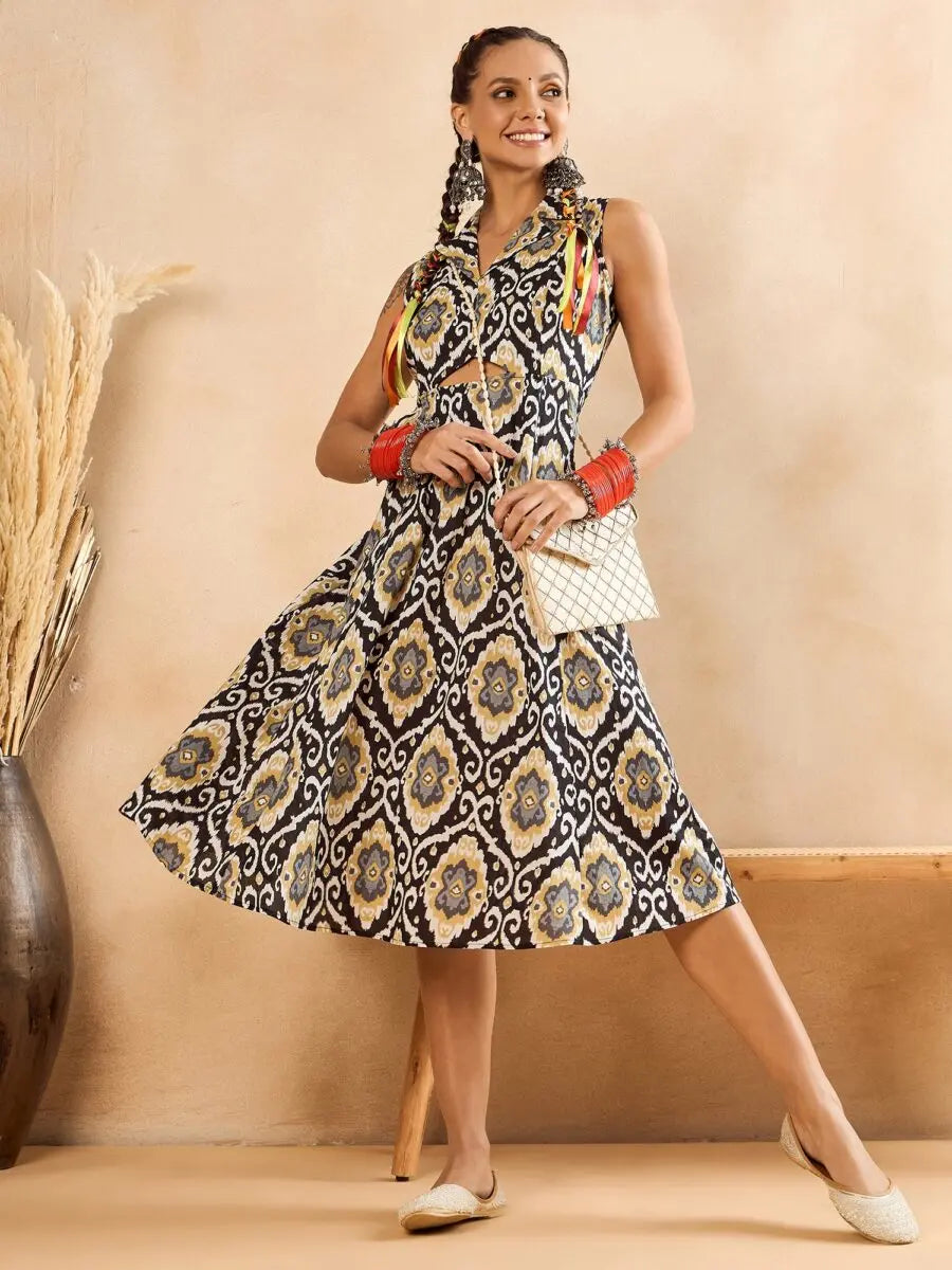 winered-women-black-printed-front-triangle-cut-out-a-line-dress