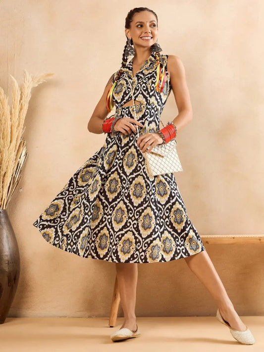 winered-women-black-printed-front-triangle-cut-out-a-line-dress