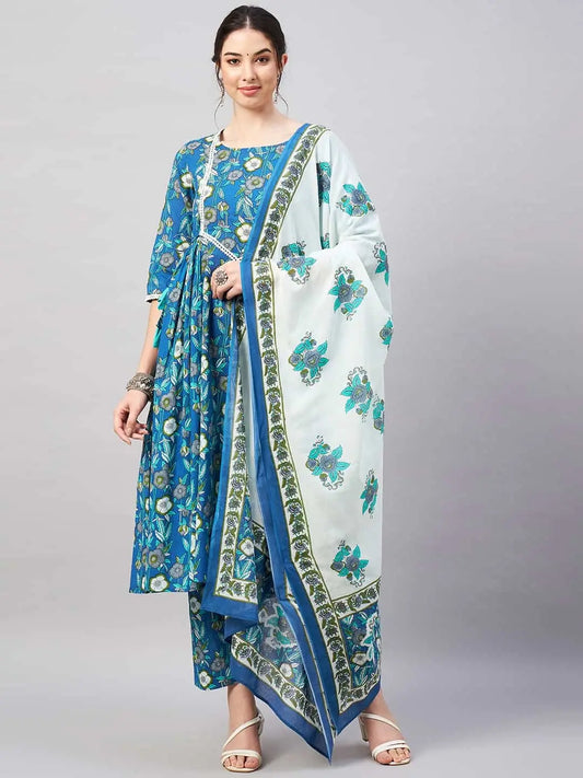 winered-women-blue-floral-print-flared-kurta-dupatta-set