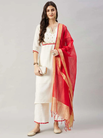 winered-woman-stylish-off-white-with-golden-neck-embroidery-red-dupatta-kurta-and-sets