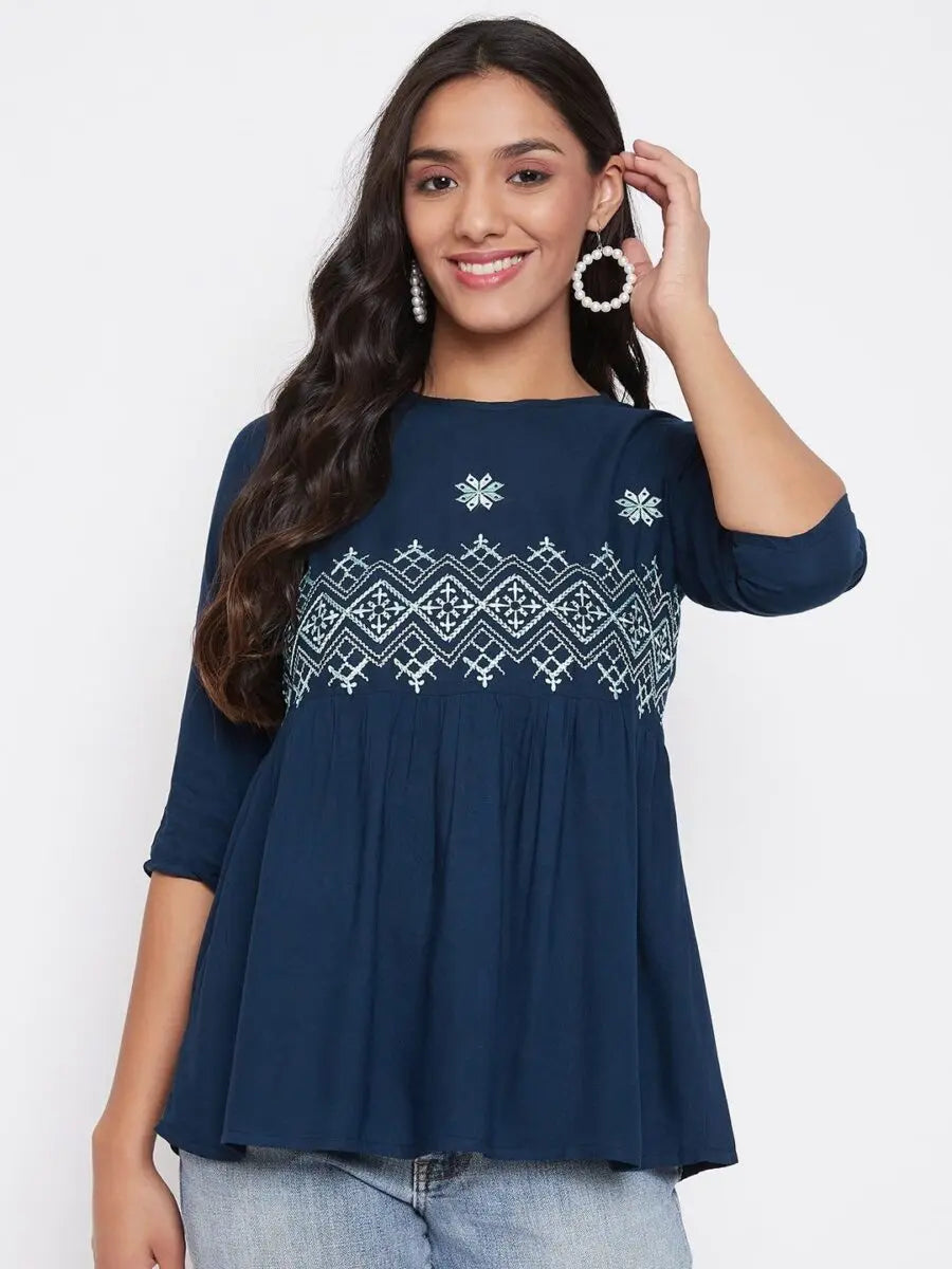 winered-navy-blue-embroidered-rayon-empire-waist-top