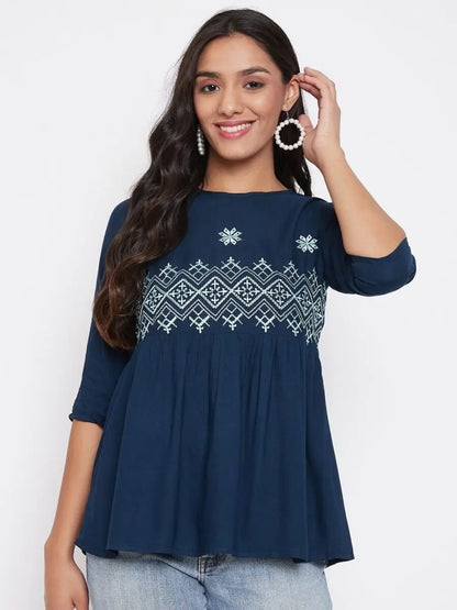 winered-navy-blue-embroidered-rayon-empire-waist-top