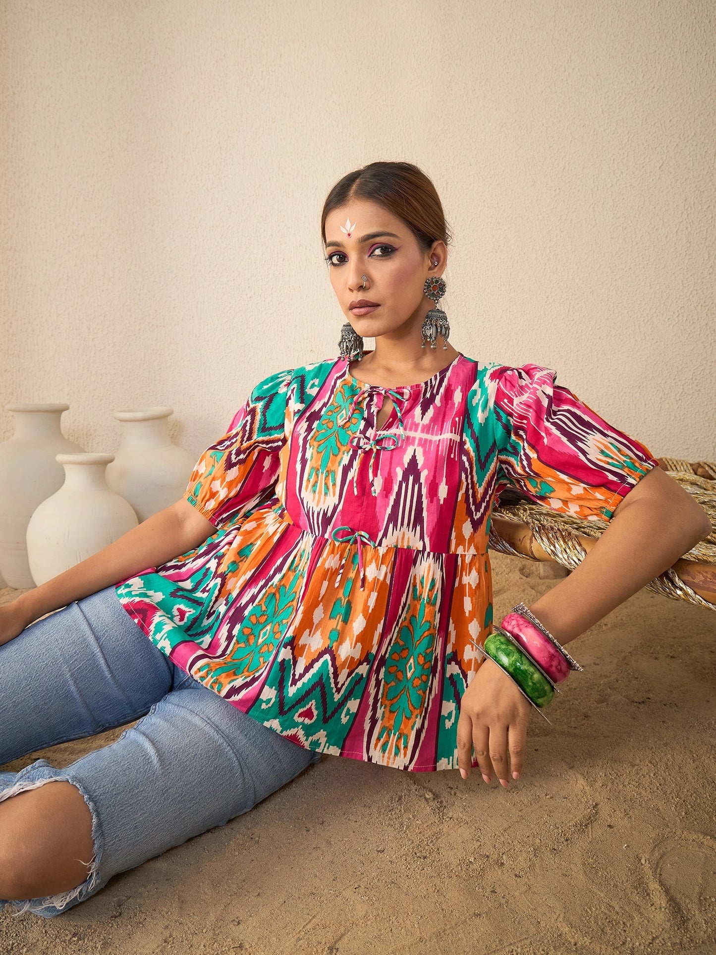 Women Cotton Bow Detailed Peplum Top