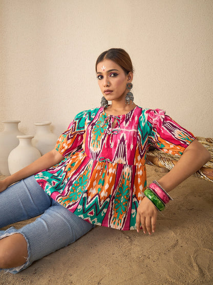 Women Cotton Bow Detailed Peplum Top