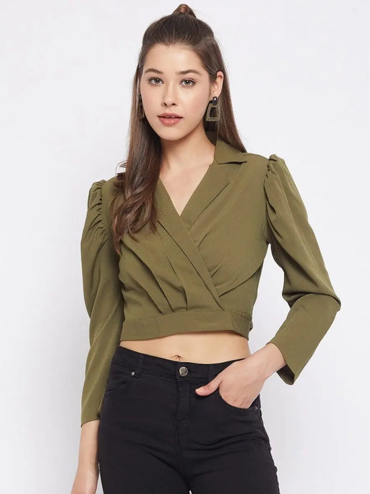 winered-dark-green-solid-polyester-crop-top