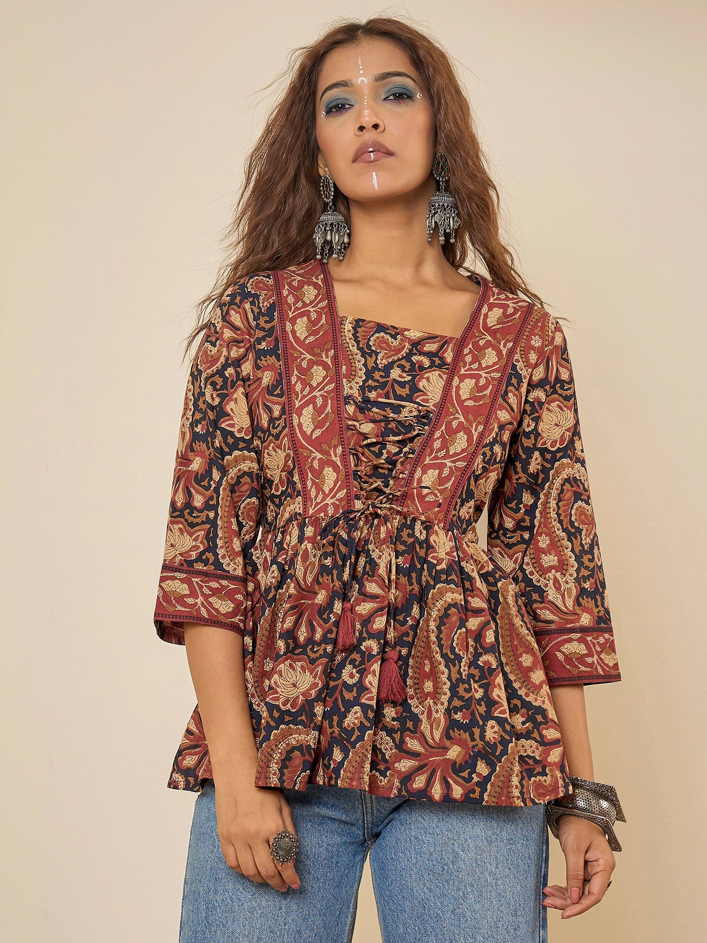 Women Cotton Navy Blue Printed Bodered Peplum Top