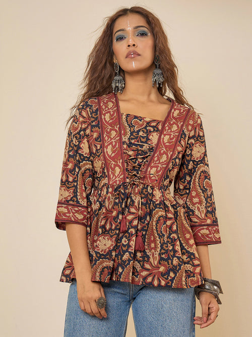 Women Cotton Navy Blue Printed Bodered Peplum Top