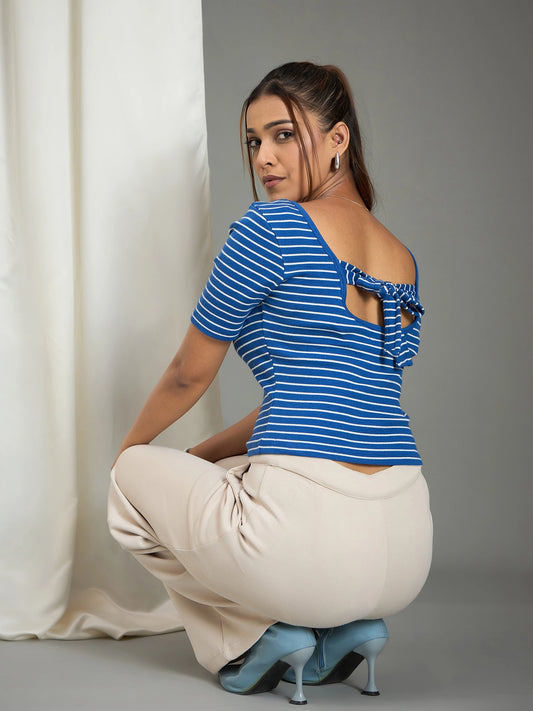 Women Bow-Knot Crew Neck Asymmetrical Hem Top