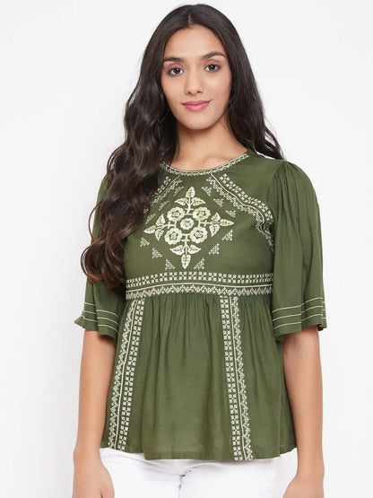 winered-green-embroidered-rayon-regular-top