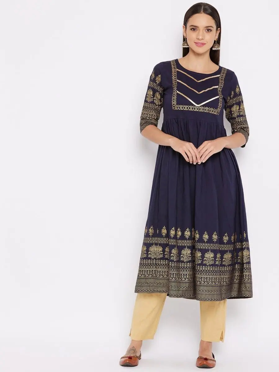 winered-dark-blue-flared-cotton-floral-print-kurta