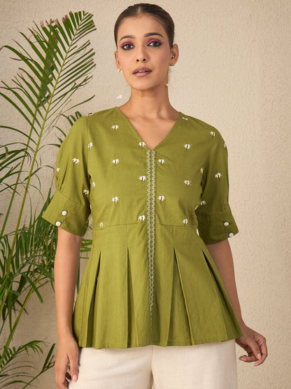 Women Embroidered Box Pleated Top