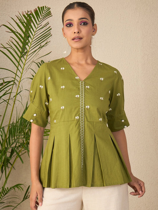 Women Embroidered Box Pleated Top