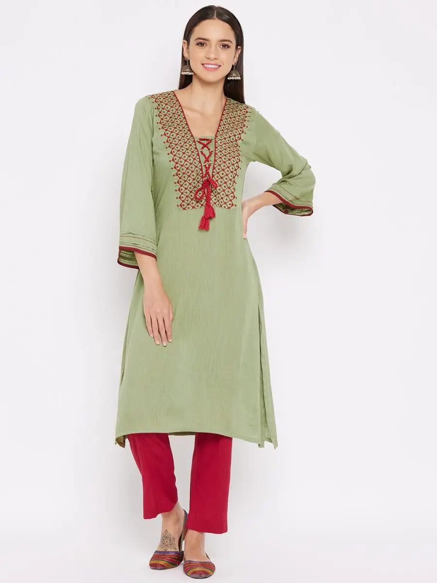 winered-green-a-line-rayon-embroidered-kurta