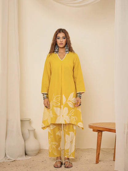women-cotton-yellow-floral-print-asymmetric-tunic-co-ord-set