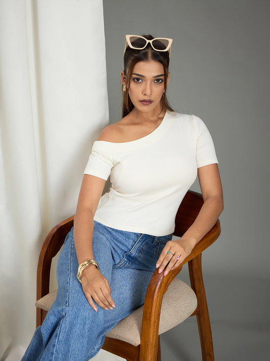 Women White One-Shoulder Ribbed Top