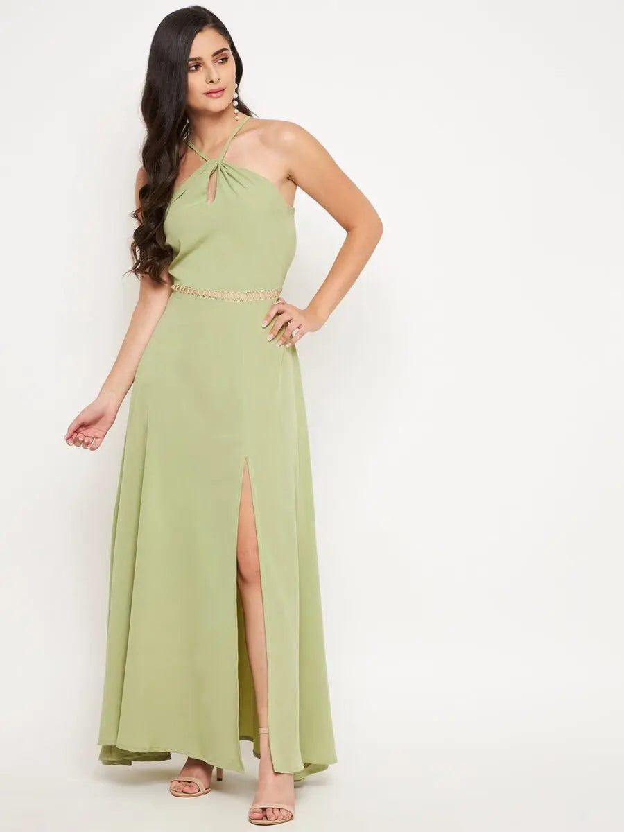 winered-light-green-long-dress-with-lace-at-waist-dress