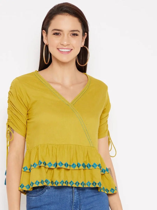 winered-yellow-a-line-rayon-embroidered-top