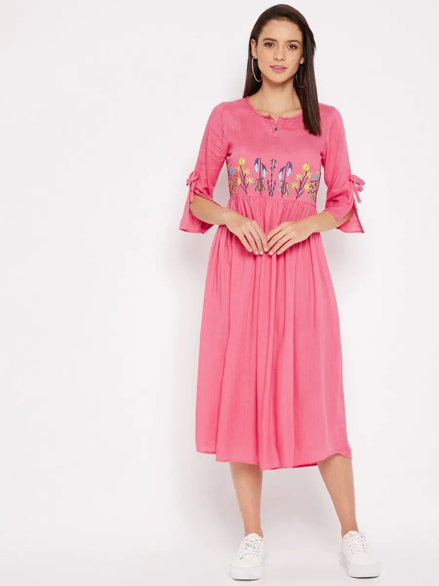 winered-pink-gathered-rayon-embroidered-dress