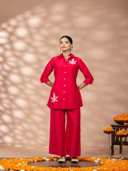 Women Solid Red Leaf Embroidery Co-Ord Set
