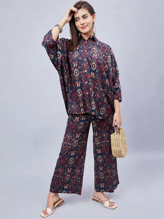 winered-woman-navy-blue-geometric-print-kaftan-ethnic-rayon-cotton-co-ord-set