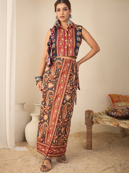Women's Ethnic Printed Sleeveless Crop Shirt & Tie-Up Wrap Skirt Set