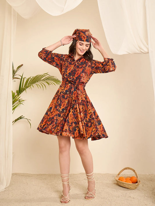 women-navy-blue-cotton-paisely-print-godet-flared-dress