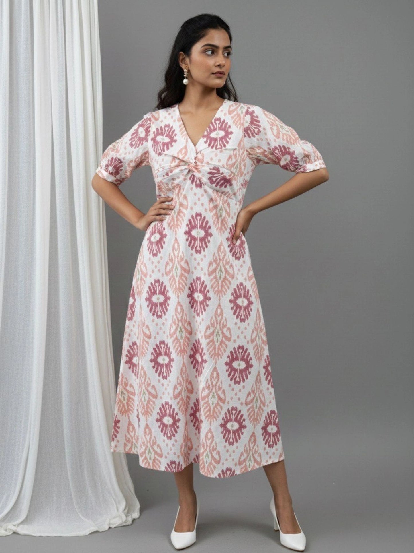 Women Cotton Ikat Printed Knotted Midi Dress