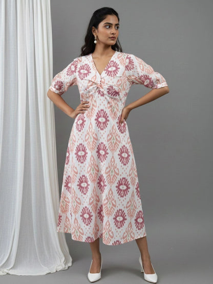 Women Cotton Ikat Printed Knotted Midi Dress
