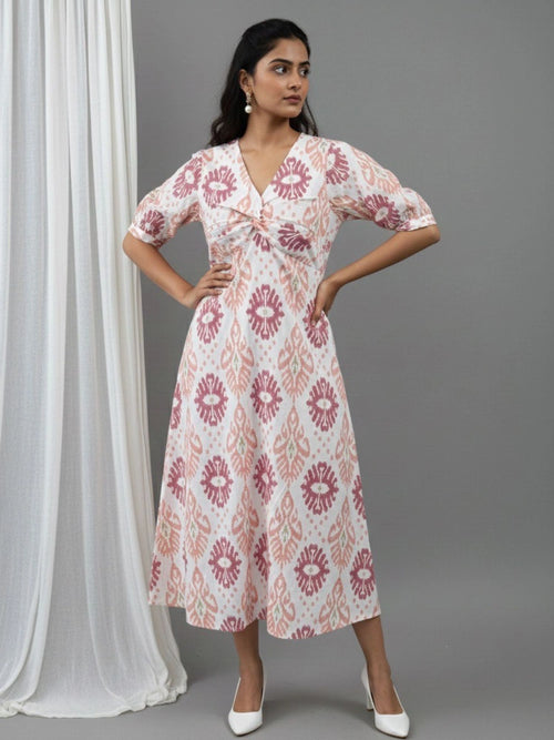 Women Cotton Ikat Printed Knotted Midi Dress
