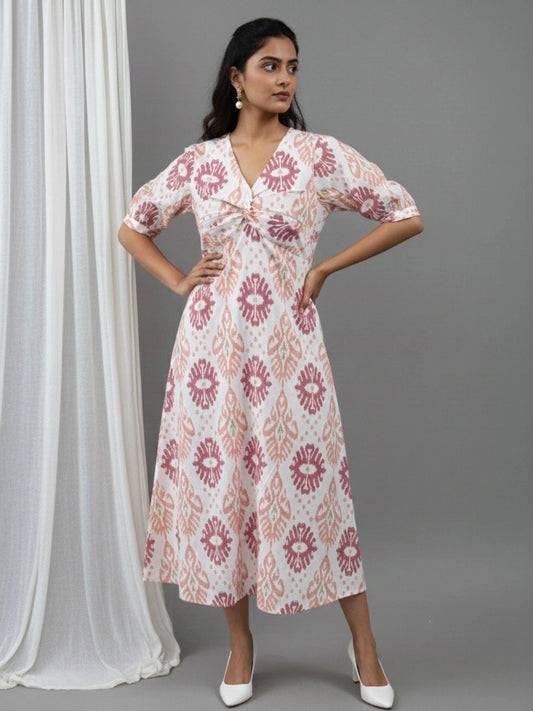 Women Cotton Ikat Printed Knotted Midi Dress