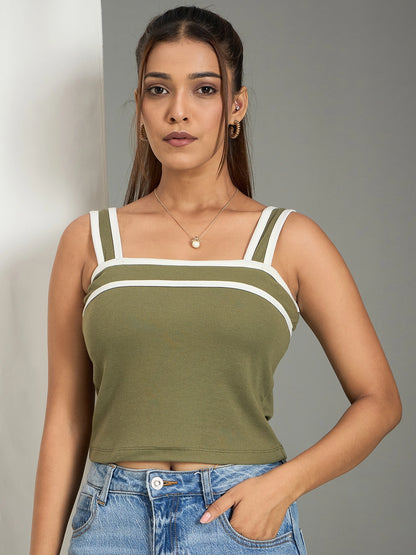 Women Square Neck Ribbed Top with Contrast Straps