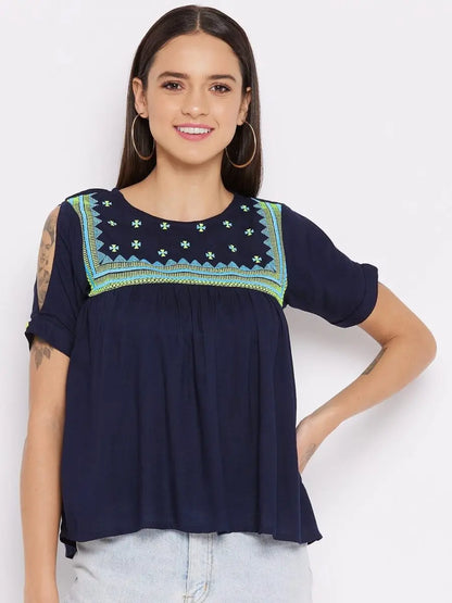 winered-navy-blue-a-line-rayon-chevron-zig-zag-top