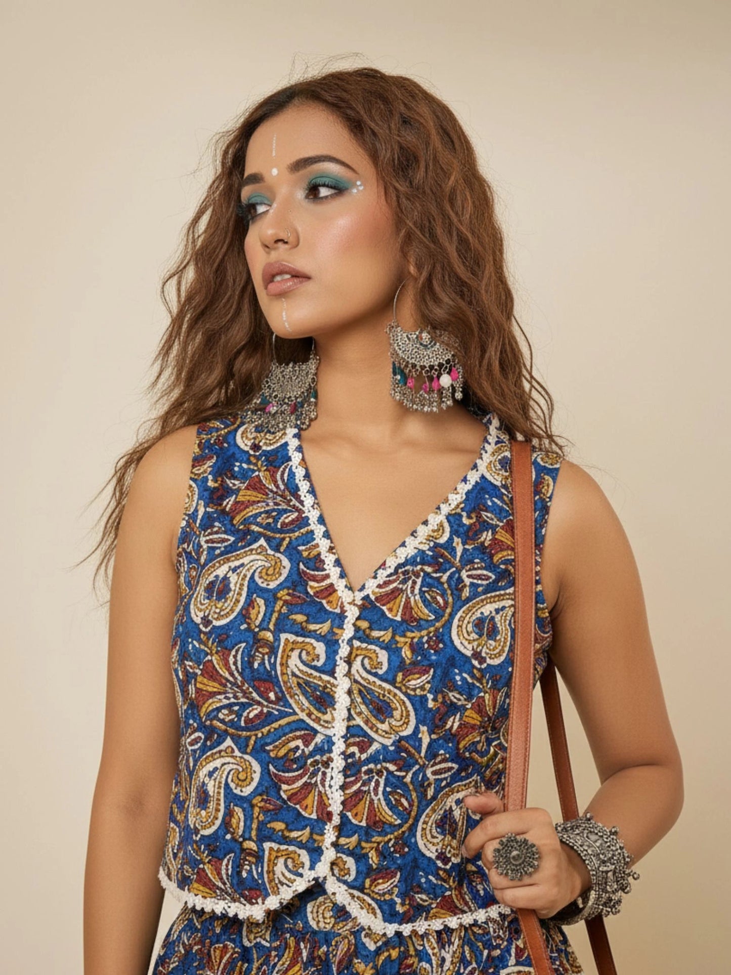 Women Blue Lace Detailing Waistcoat Top