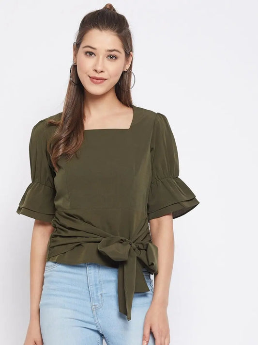 winered-dark-green-solid-polyester-regular-top