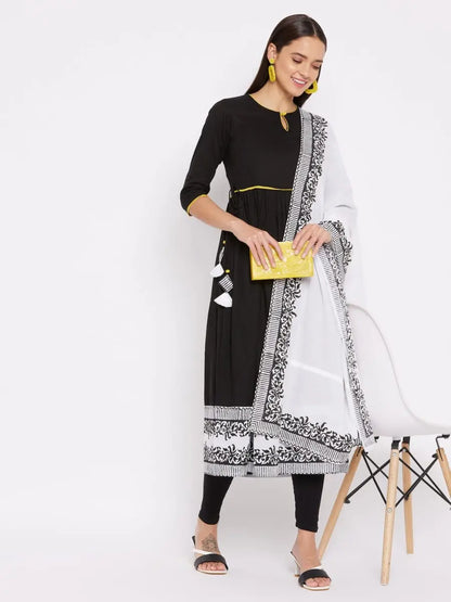 winered-black-flared-kurta-cotton-solid-kurta-and-dupatta-set