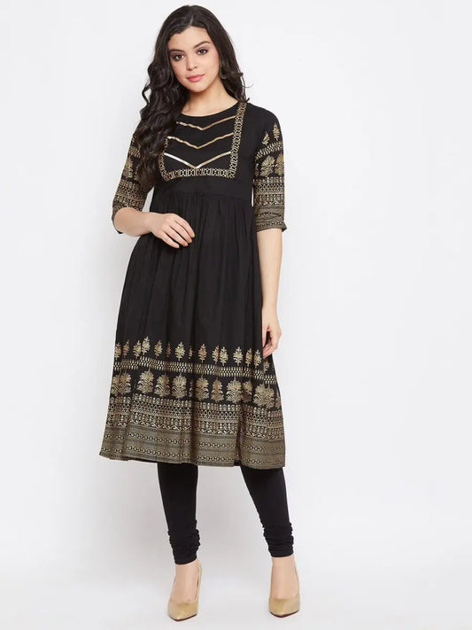 winered-black-flared-cotton-floral-print-kurta