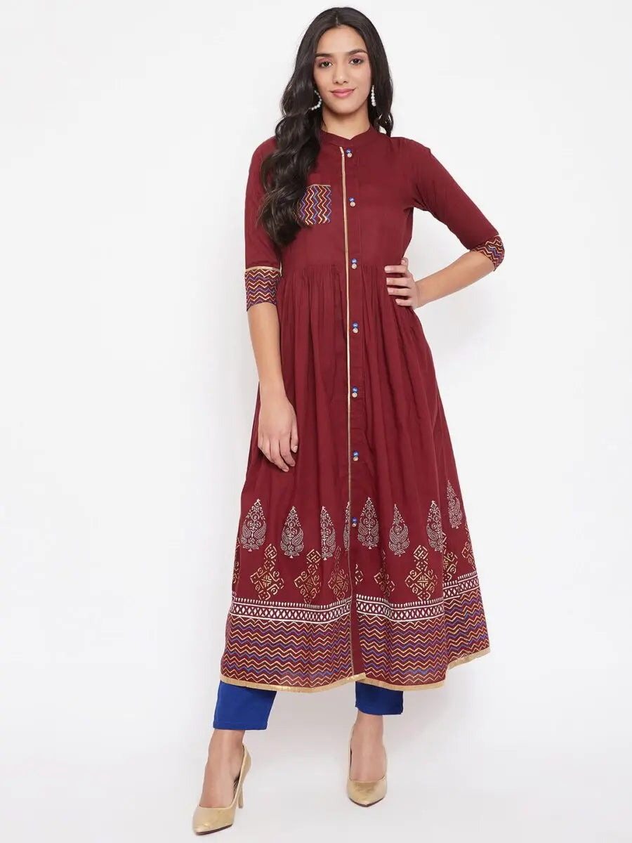 winered-maroon-flared-cotton-printed-kurta