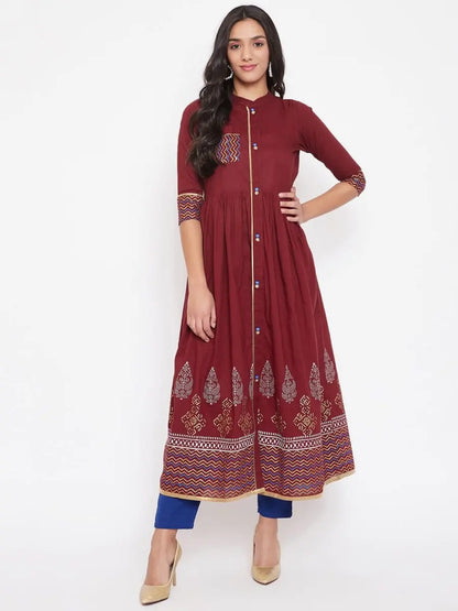 winered-maroon-flared-cotton-printed-kurta